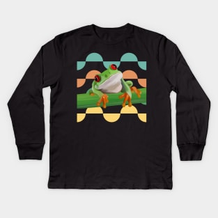 Cute Tree Frog Colorful Semi Circle Pattern Background Kids Long Sleeve T-Shirt